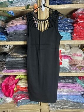 Bella D. Black Sleeveless Midi Dress with Strappy Cage Neckline
